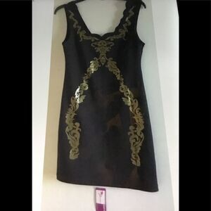 Black & Gold Foil Embossed Bodycon mini dress Sz L